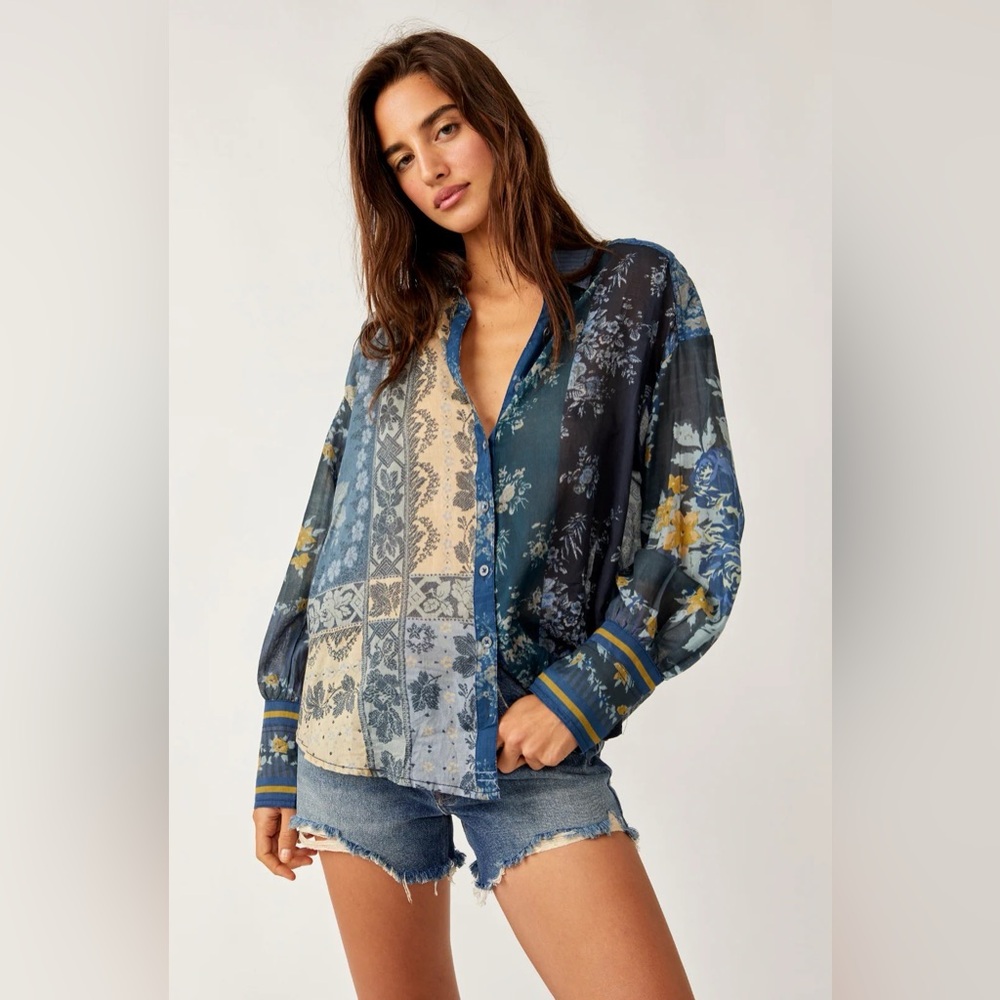 Free People Flower Patch Floral Button Down Top in Indigo Combo